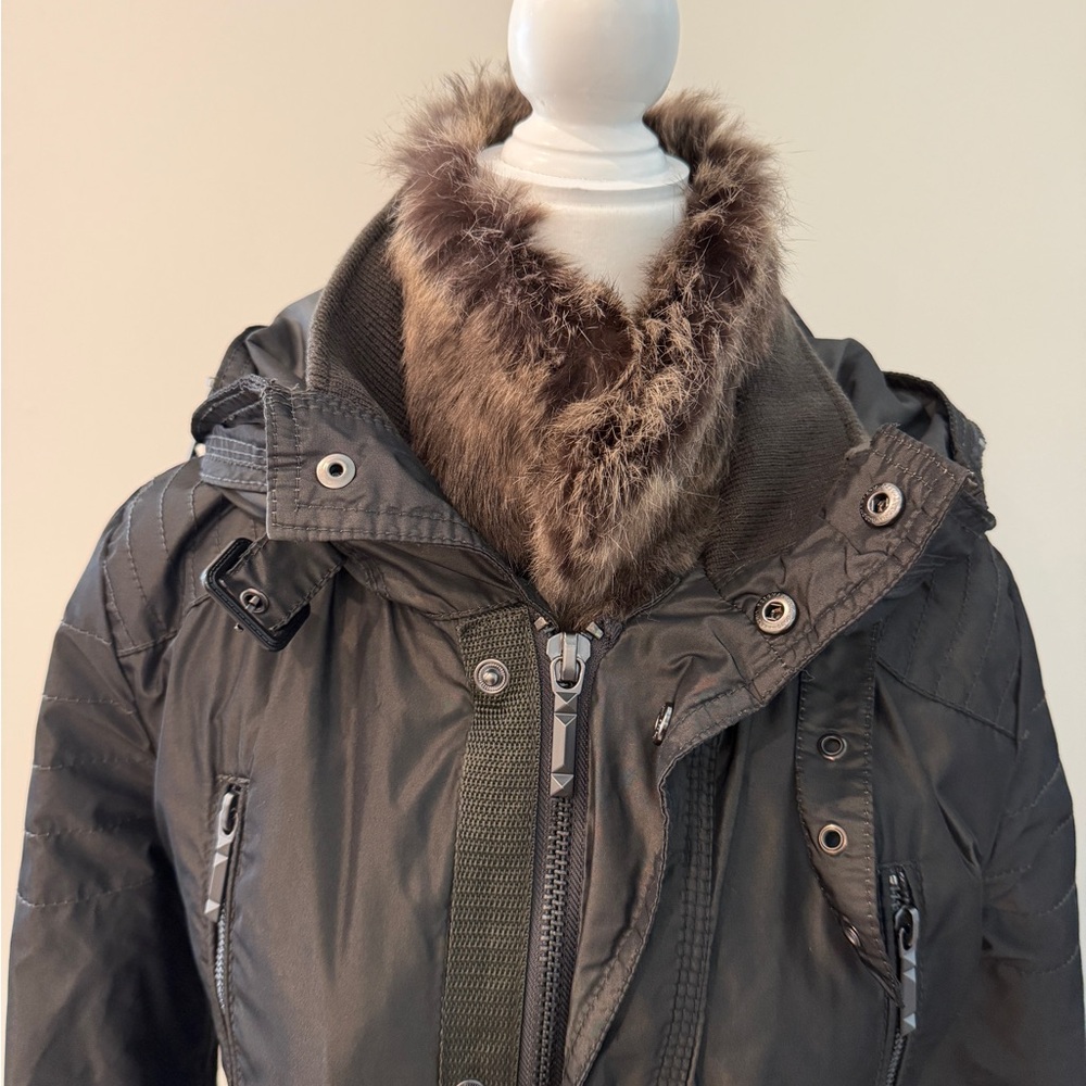 BCBGMaxAzria Dark Olive Green Coat with Rabbit Fur Trim